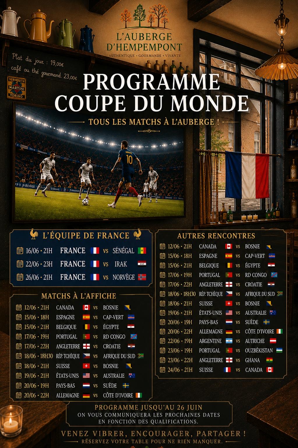 Rediffusion des Matchs, coupe du monde - Auberge Hempempont