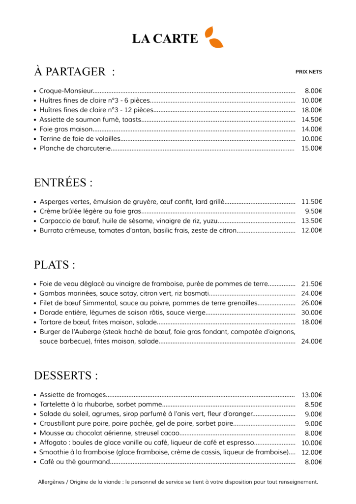 La Carte - Auberge d'Hempempont