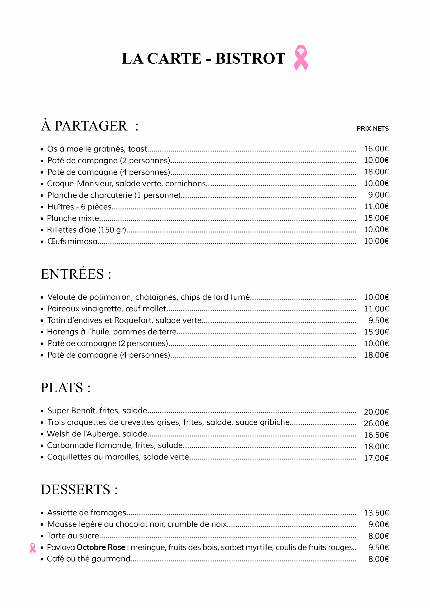 Carte Octobre - bistrot